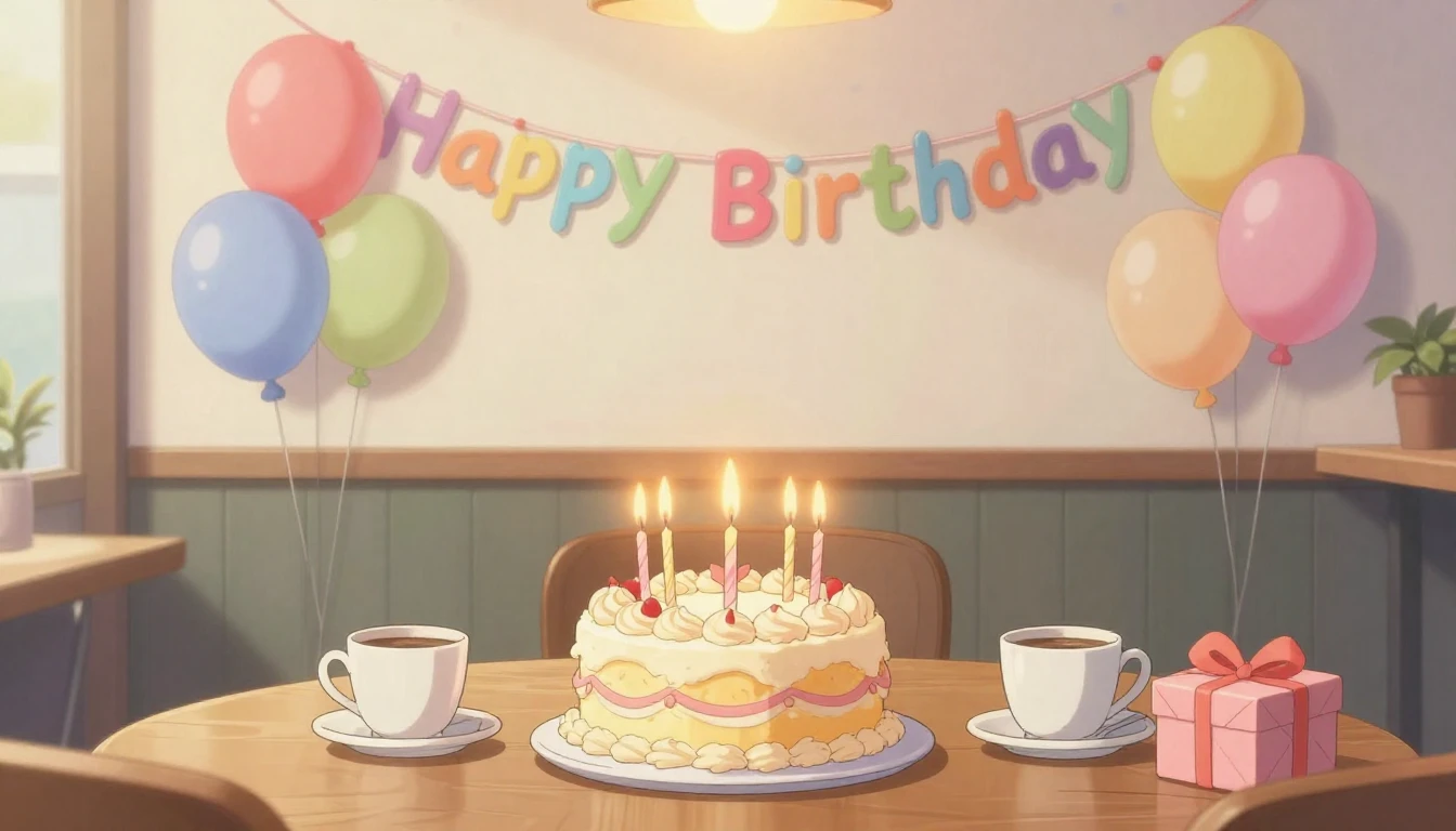 A heartwarming birthday celebration scene in a cozy cafe, an...