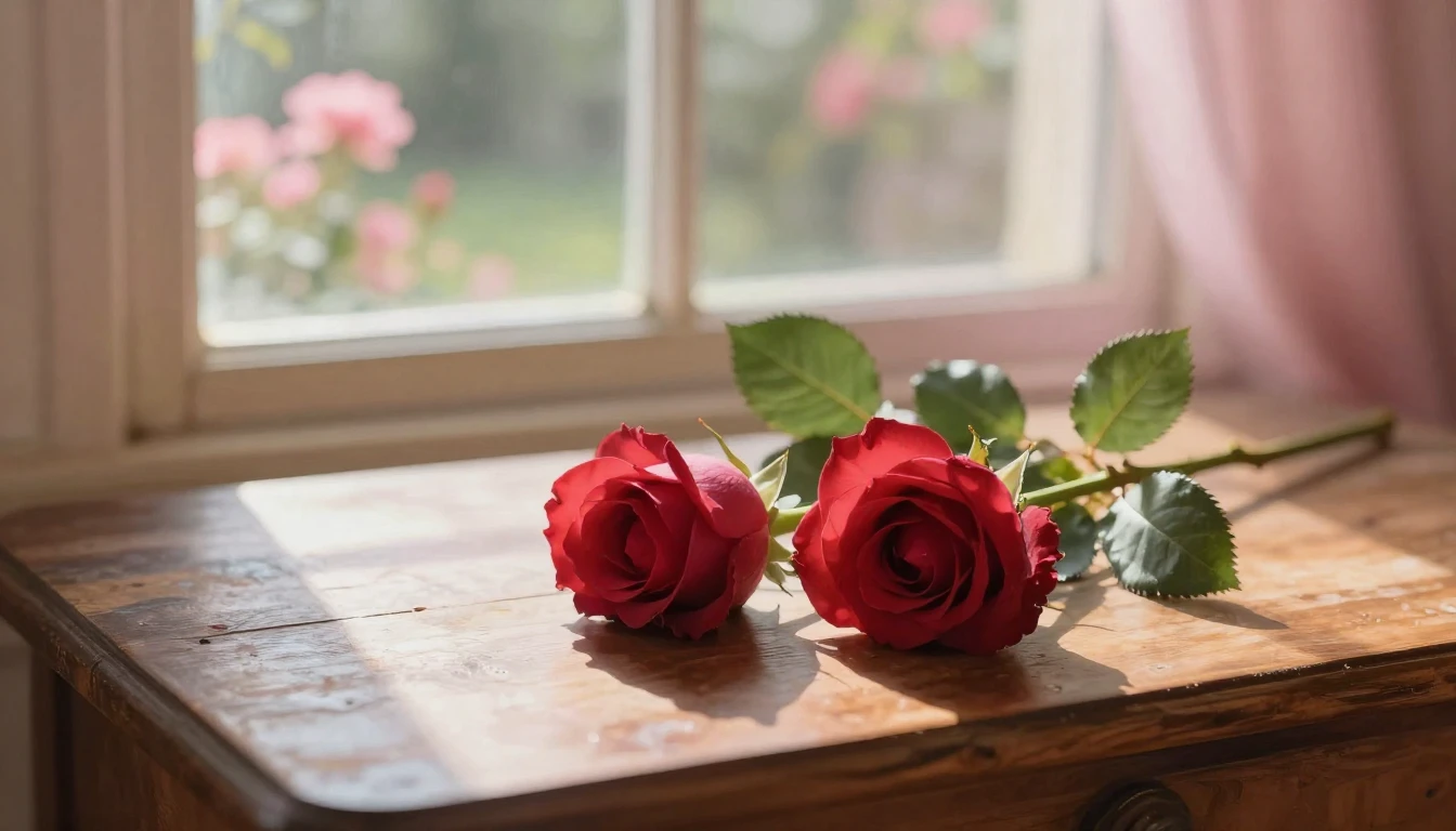 A dreamy and ethereal scene featuring two delicate red roses...