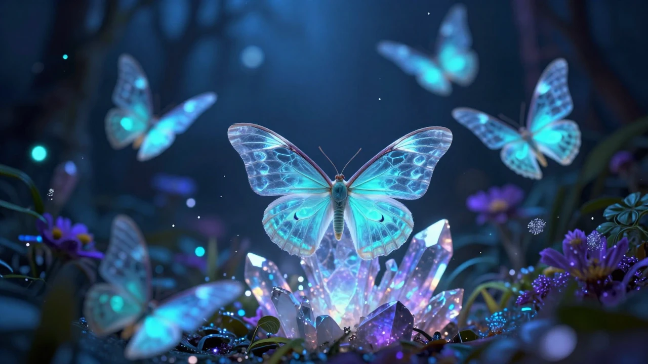 A macro cinematic shot of several translucent moths with win...