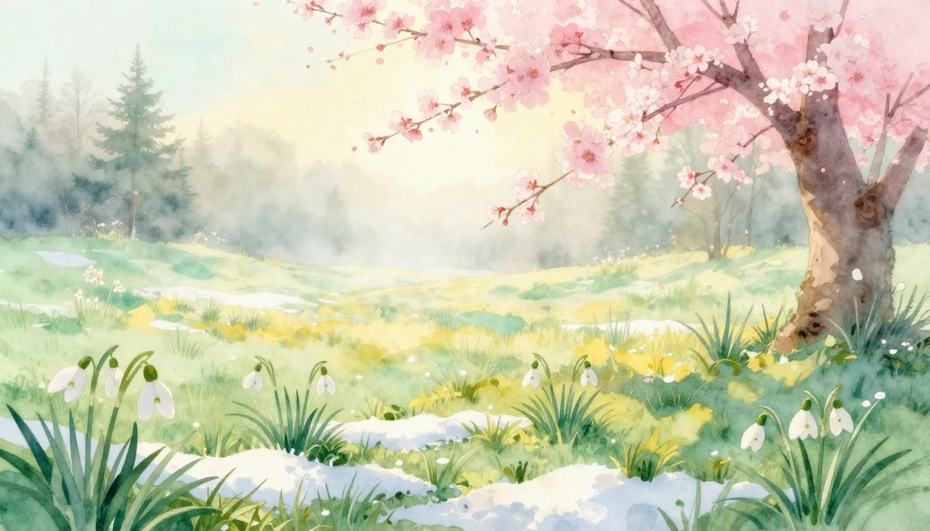 A beautiful watercolor painting of a lush meadow at dawn. De...