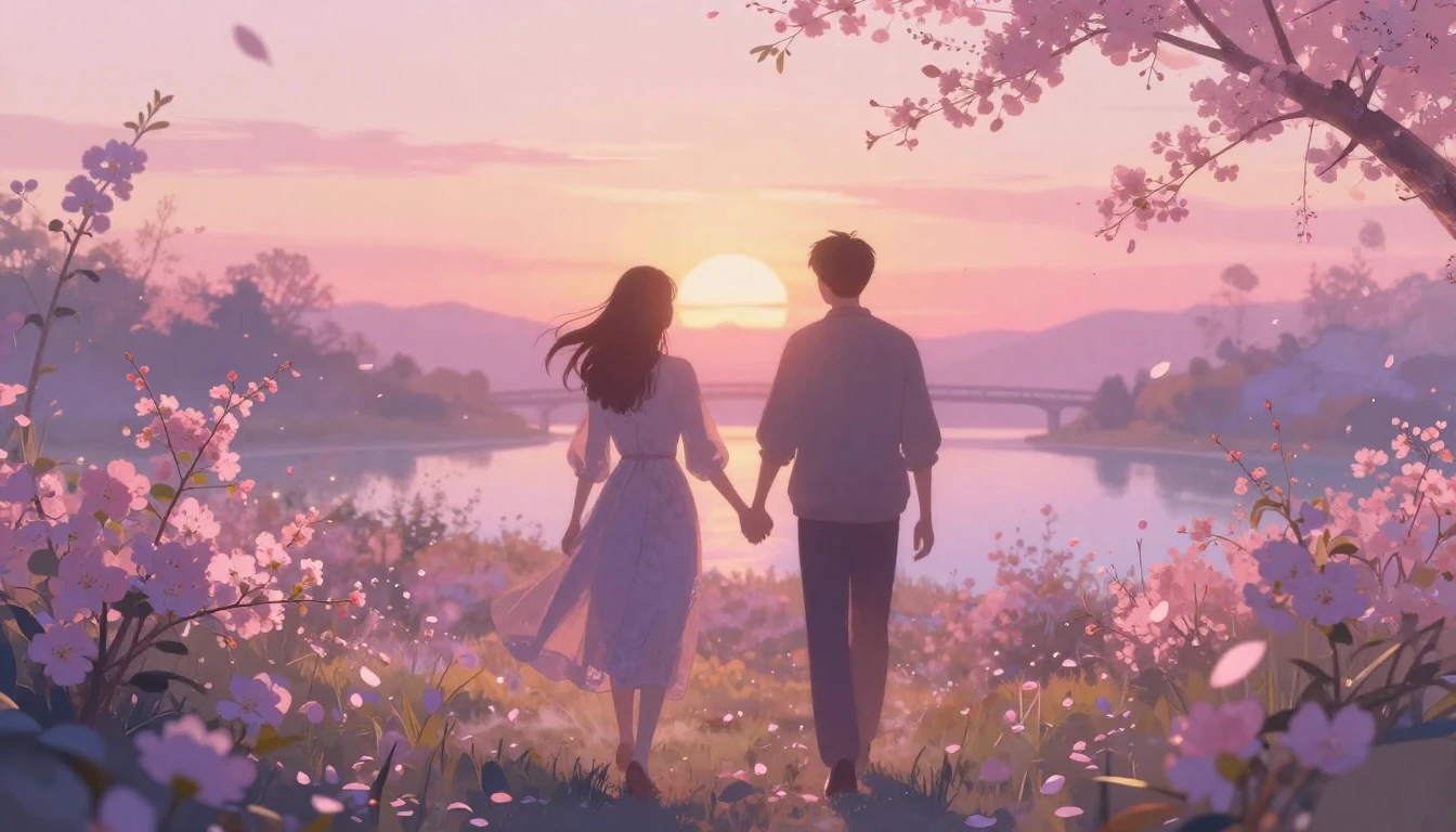 A soft and ethereal scene depicting two silhouettes walking ...