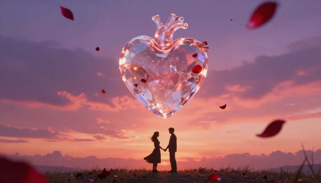 A cinematic shot of a glowing, translucent crystal heart sus...