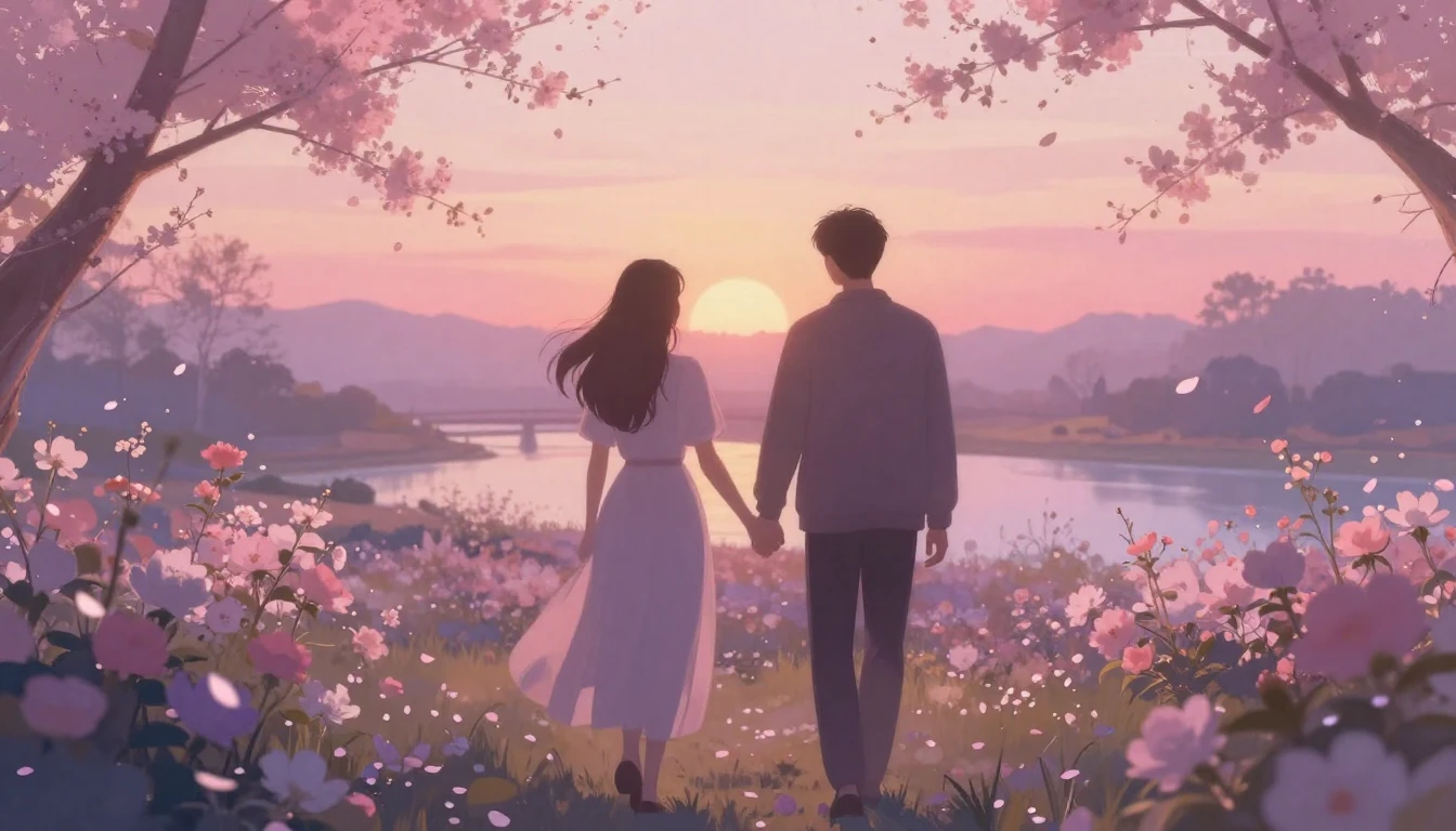 A soft and ethereal scene depicting two silhouettes walking ...