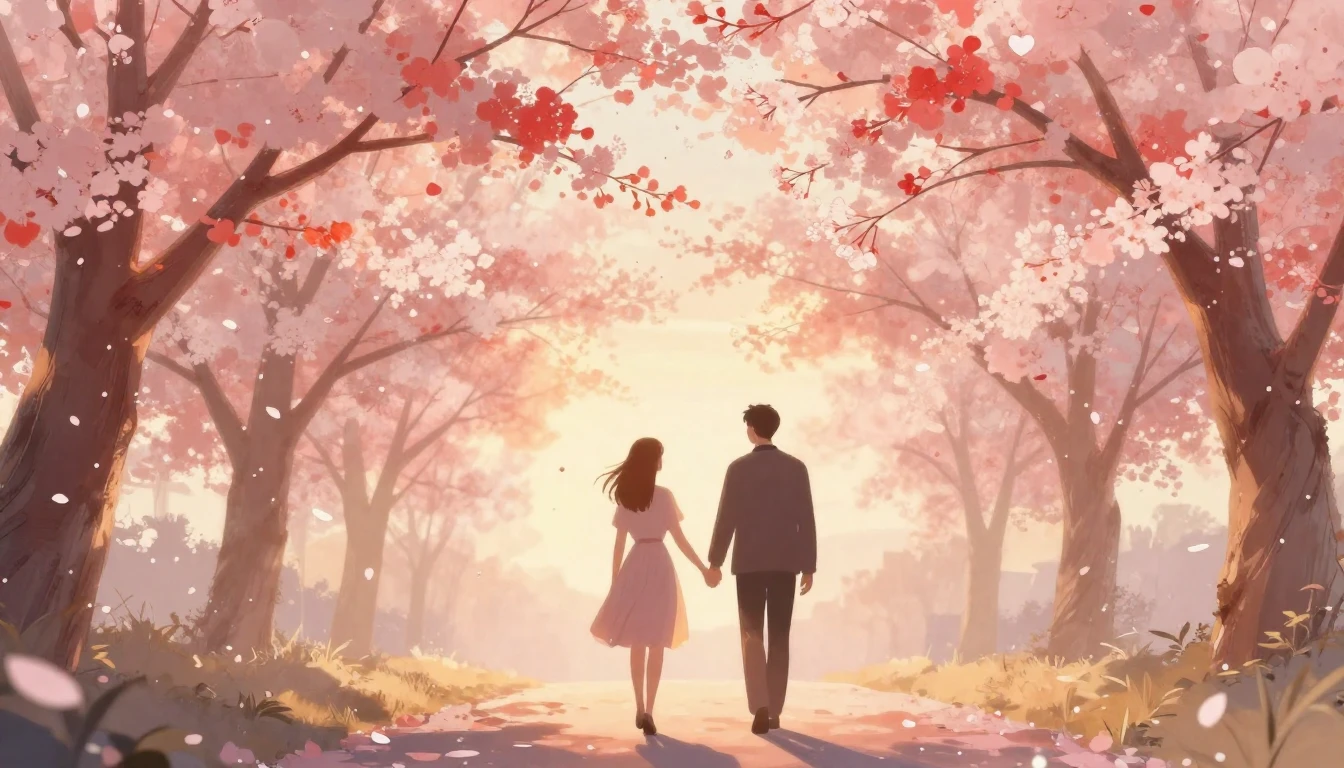 A romantic and dreamy illustration of two silhouettes holdin...