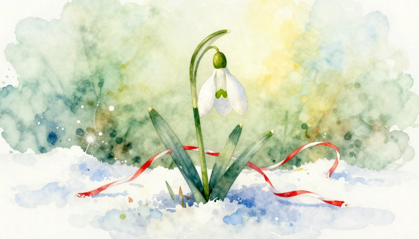 A delicate watercolor painting of a traditional Mărțișor sym...