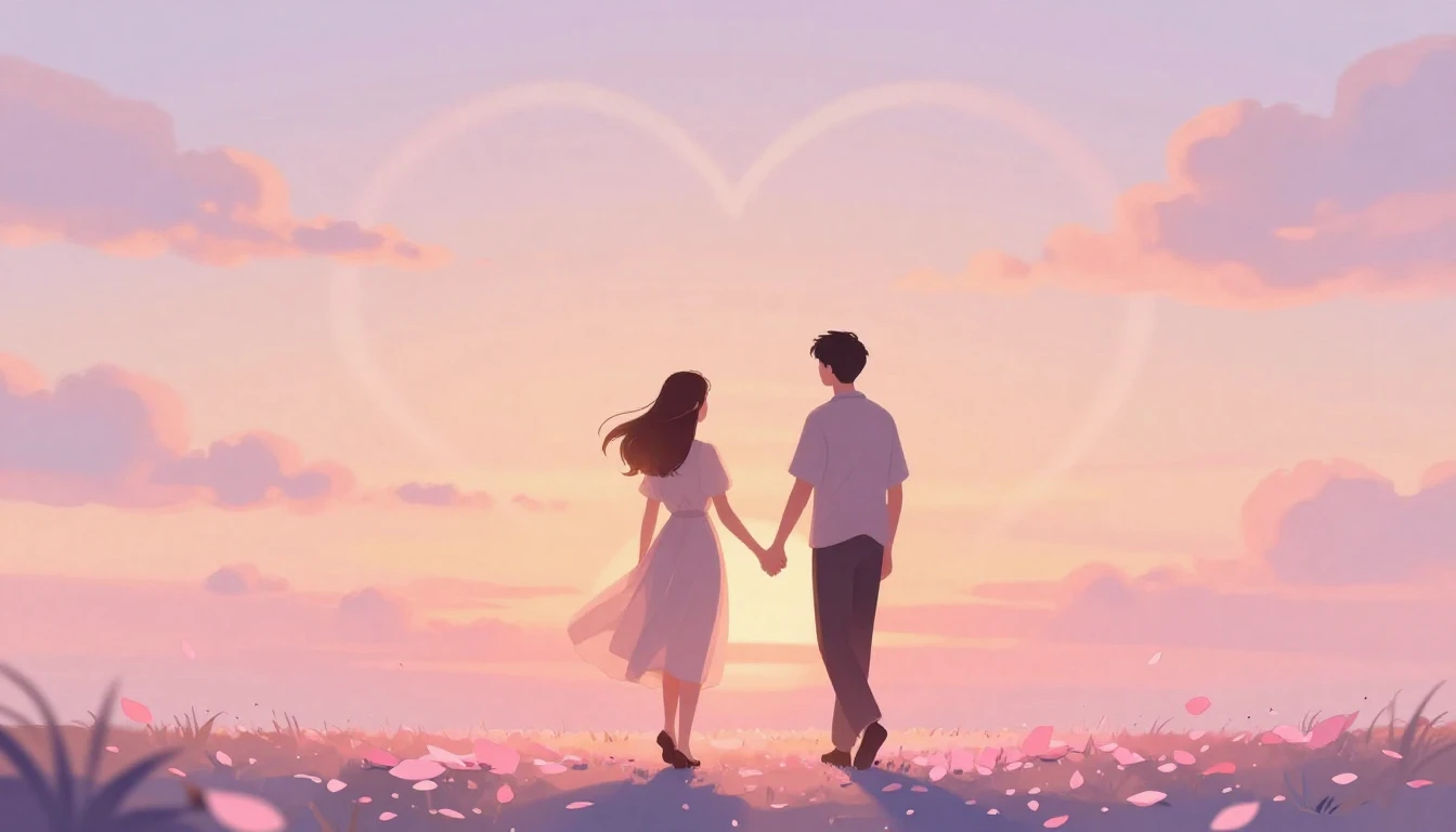 A romantic and dreamy illustration of a couple holding hands...