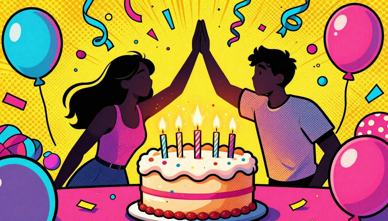 Vibrant artwork featuring a joyful birthday celebration. In ...