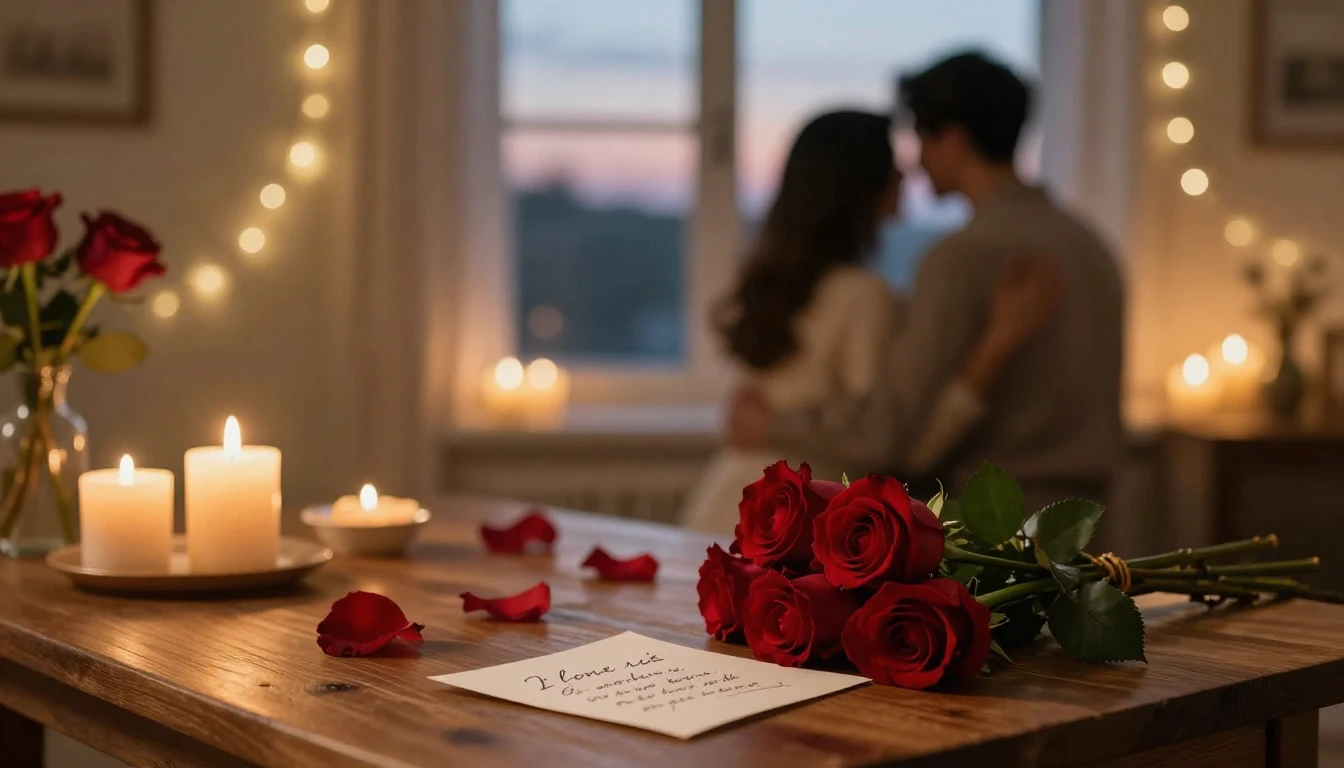 A warm and intimate romantic scene featuring a cozy room ill...