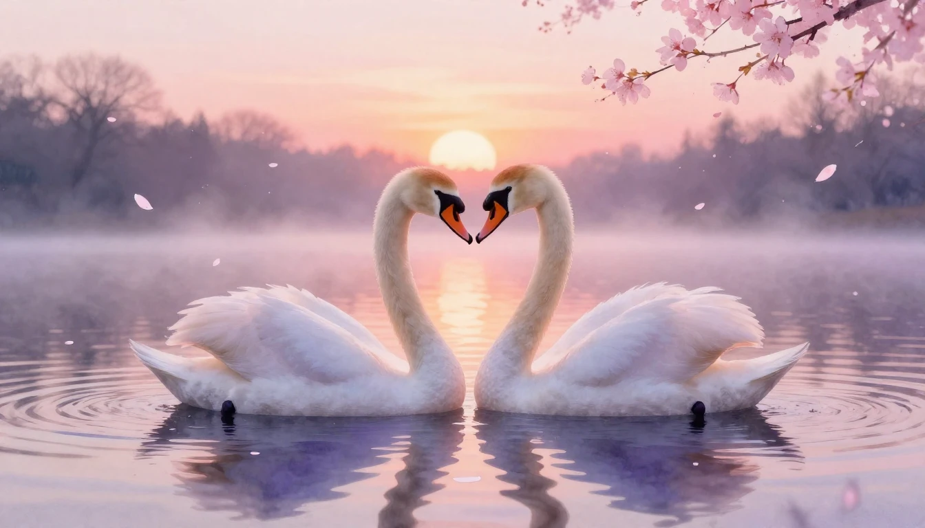 A delicate watercolor painting of two elegant swans forming ...