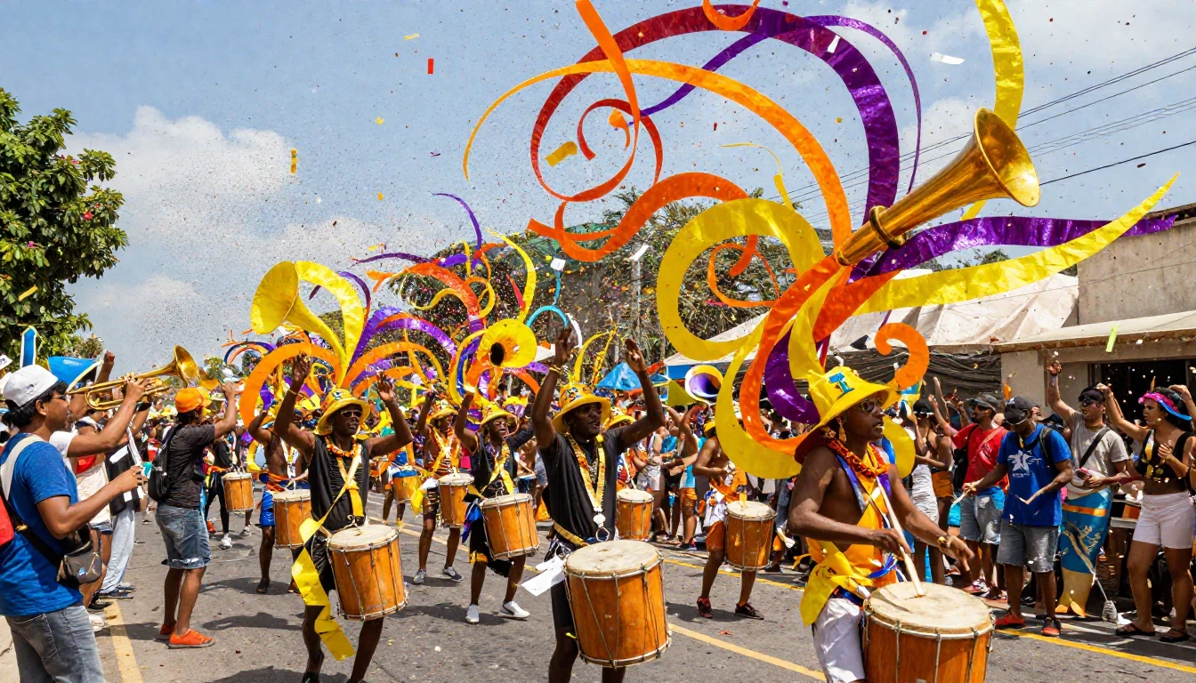 A vibrant and explosive scene of a street festival. Swirls o...
