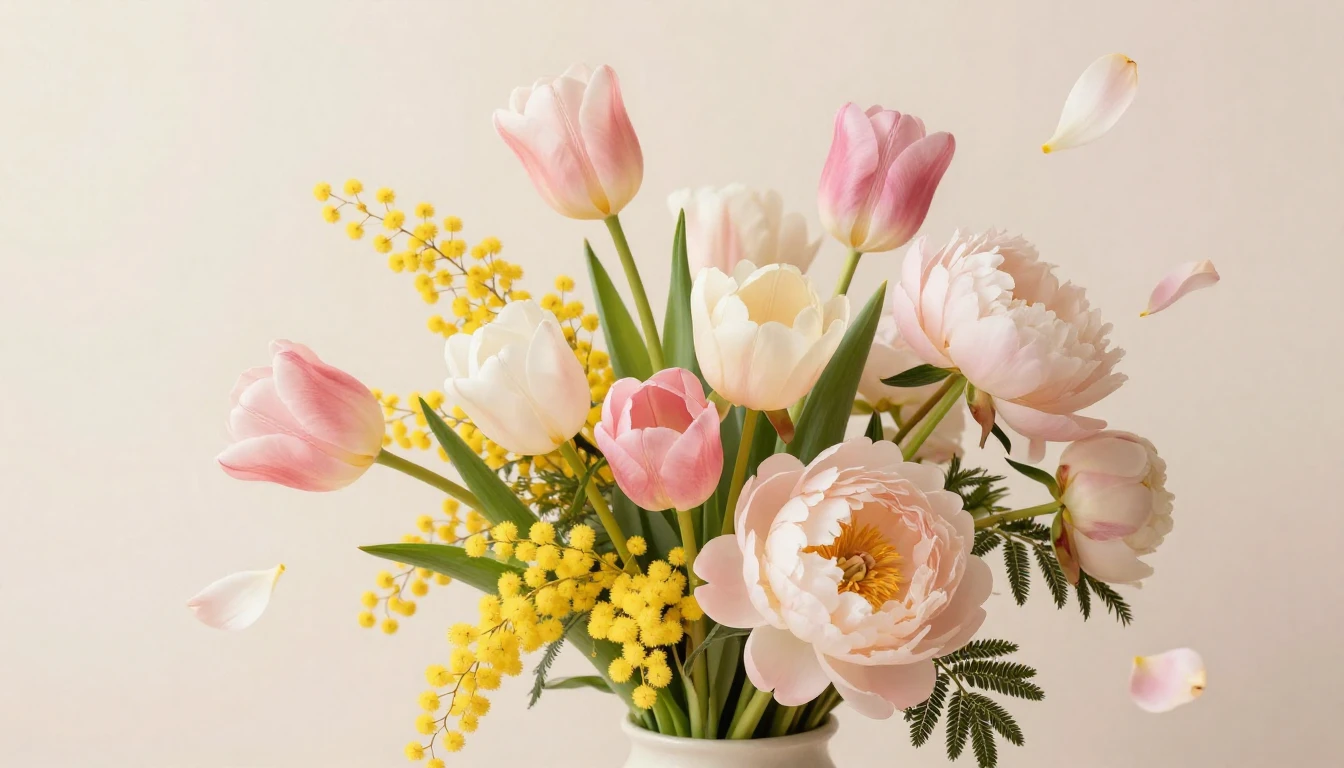 A beautiful bouquet of spring flowers including tulips, mimo...