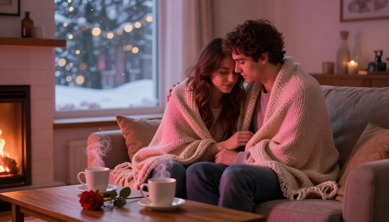 A romantic and cozy scene depicting a couple sitting closely...