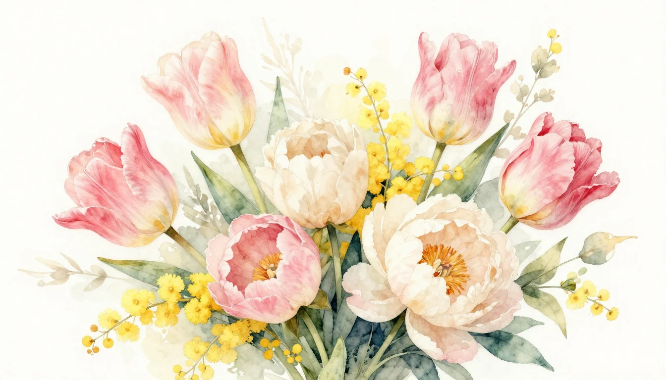 A delicate watercolor painting of a blooming bouquet of spri...