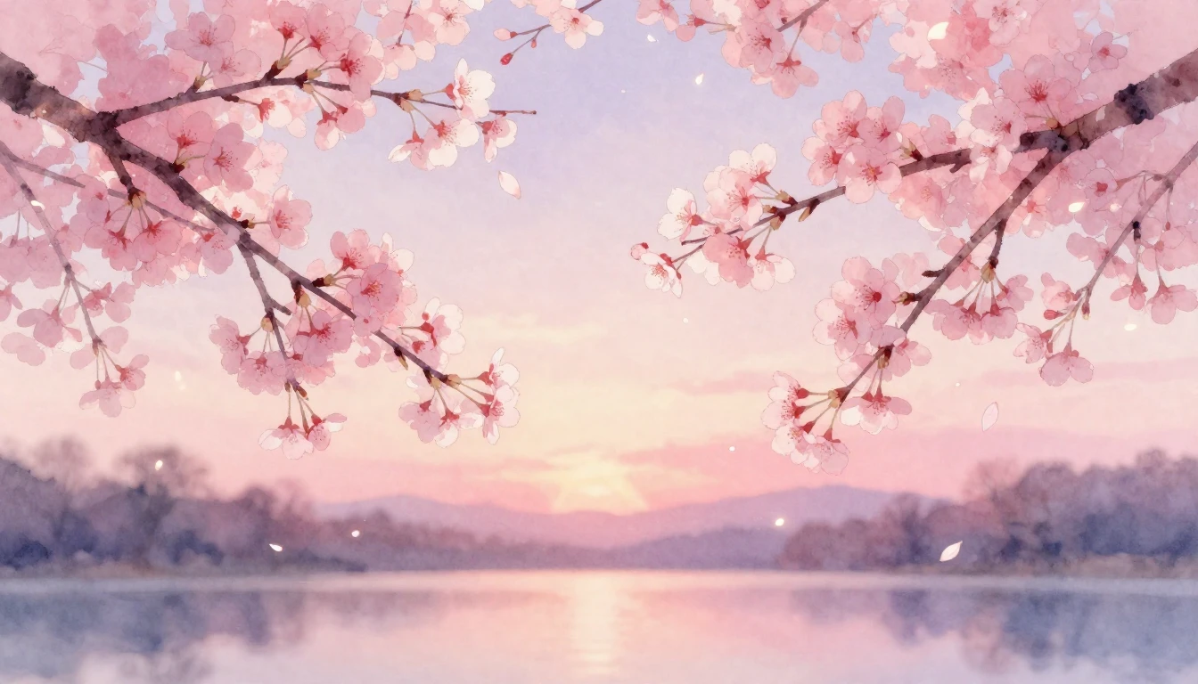 A soft watercolor painting of two delicate cherry blossom br...