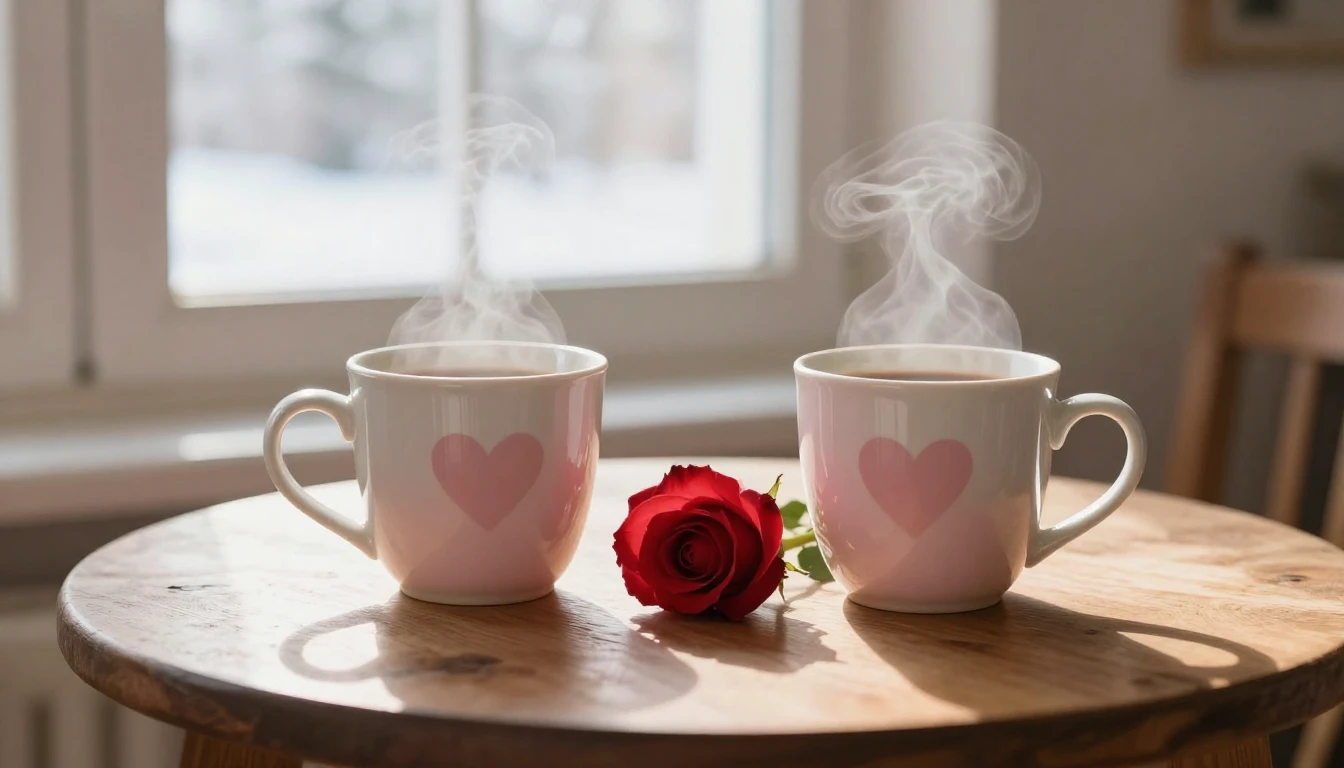 A soft and romantic composition depicting a cozy wooden tabl...