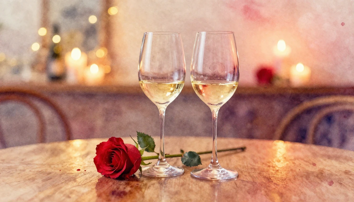 A soft watercolor painting of two elegant wine glasses sitti...