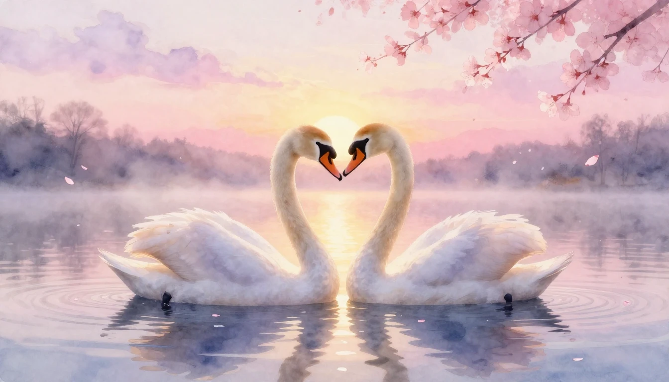 A beautiful watercolor painting of two elegant swans forming...