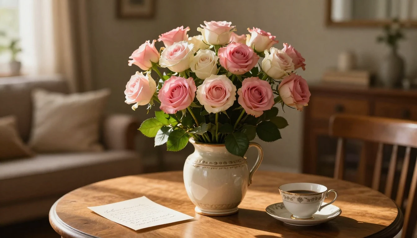 A warm and nostalgic composition featuring a beautiful bouqu...