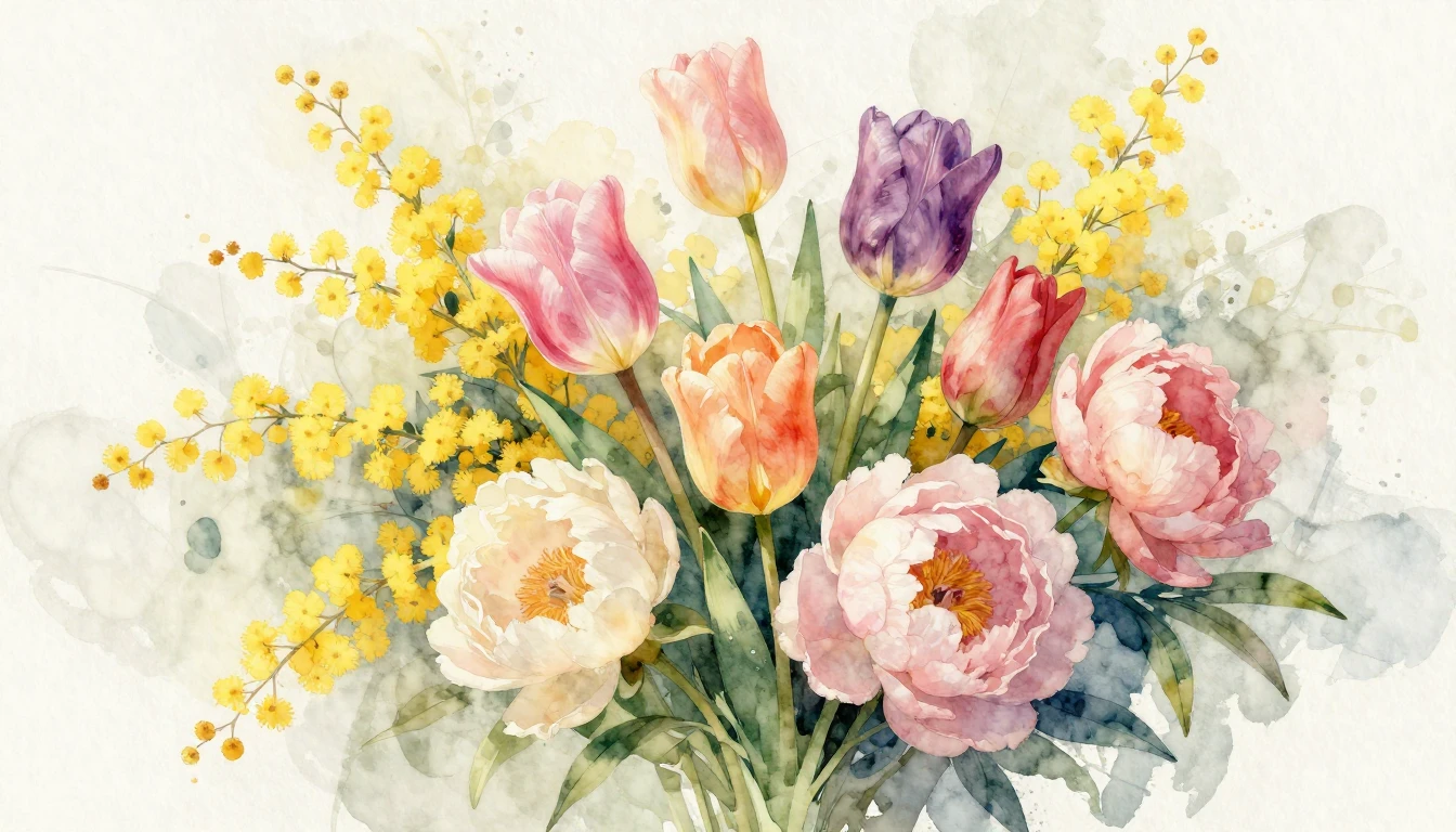 A beautiful and vibrant watercolor painting of a lush bouque...