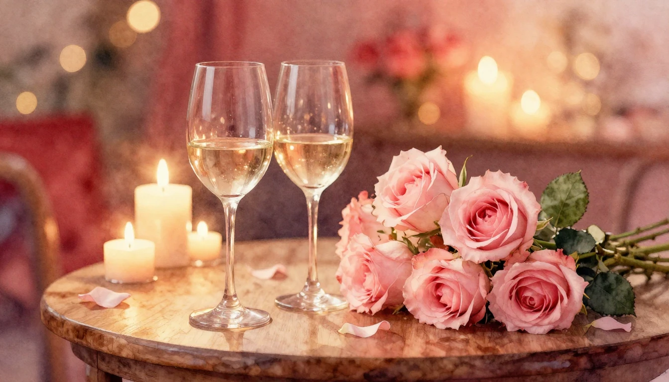 A dreamy watercolor painting of a cozy, romantic setting. Tw...