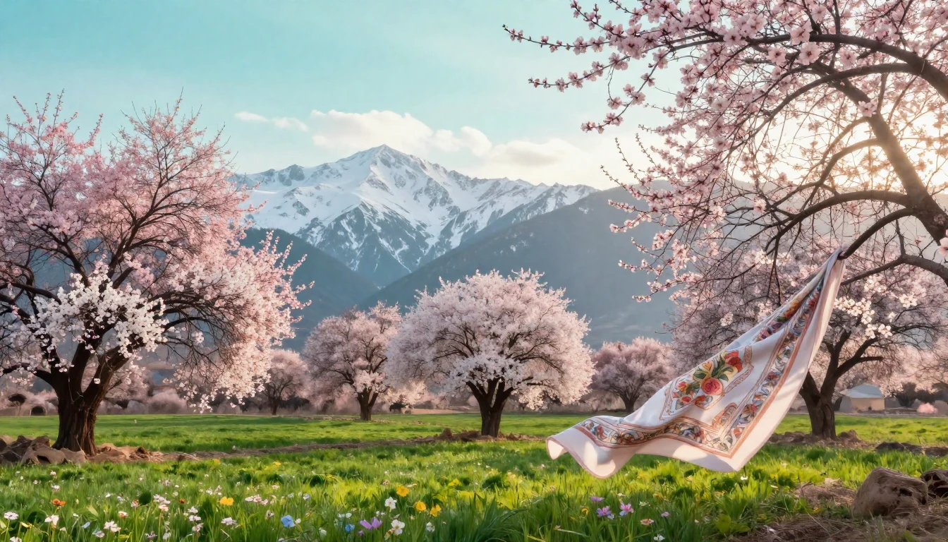 A breathtaking spring landscape at dawn, featuring blooming ...
