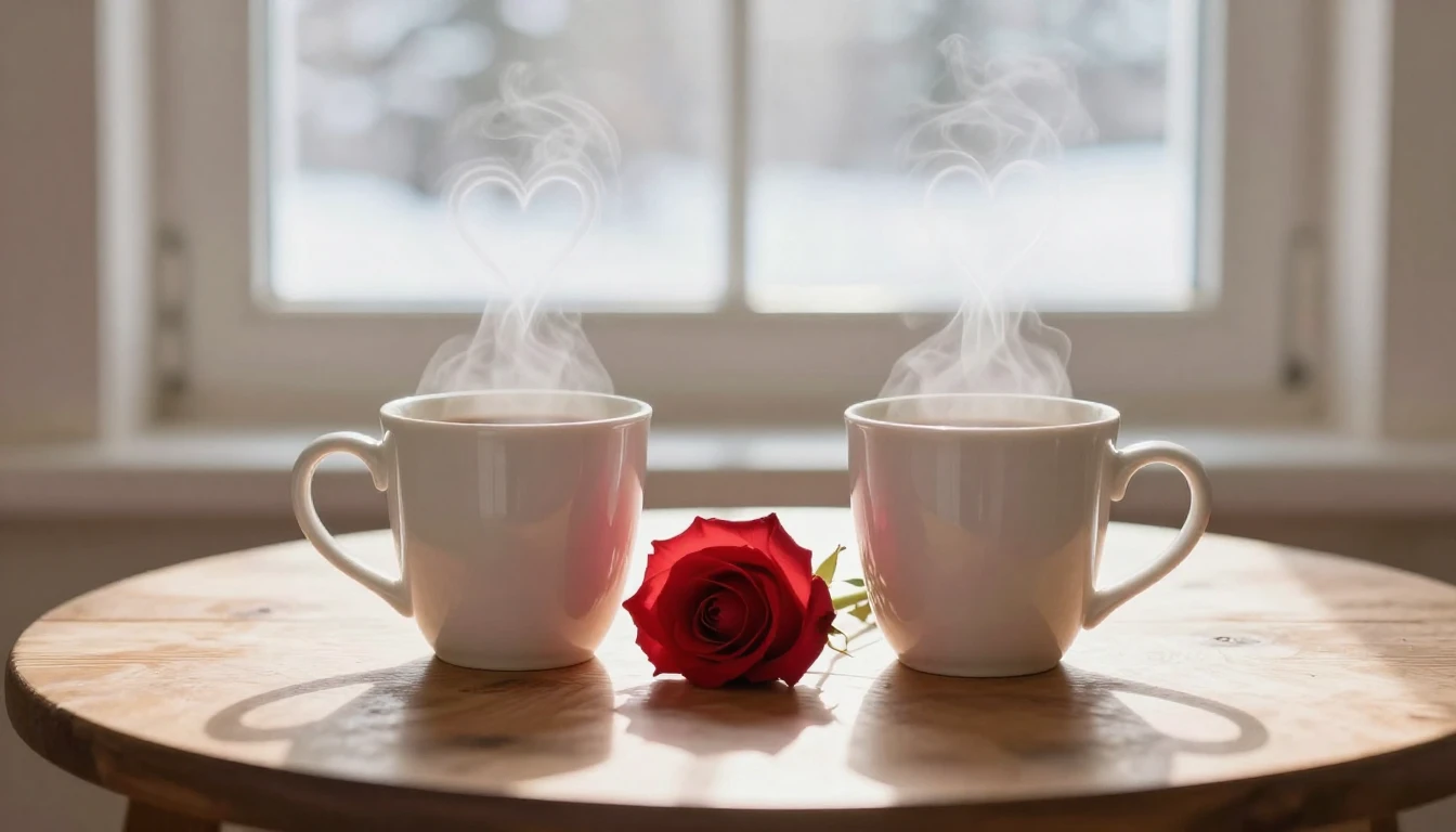 A soft and romantic composition depicting a cozy wooden tabl...