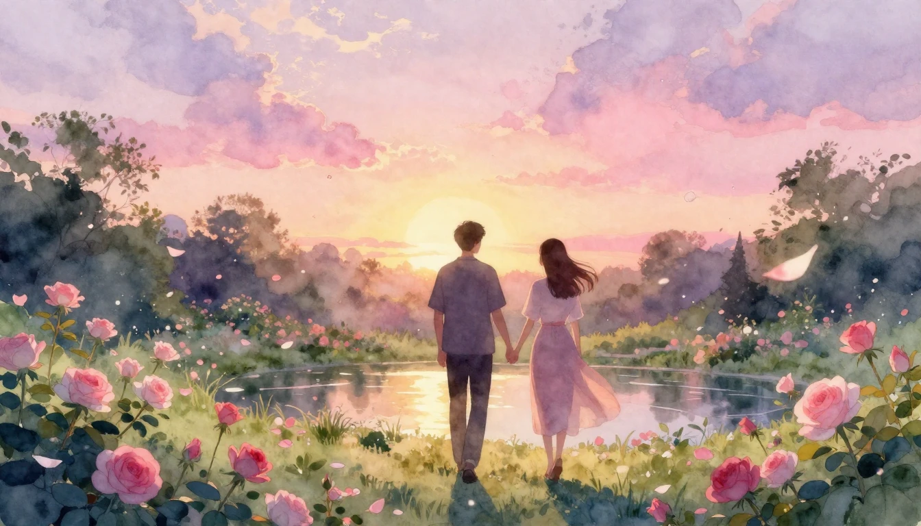 A dreamlike watercolor painting of two silhouettes walking h...