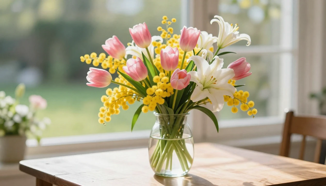 A beautiful and vibrant bouquet of spring flowers including ...