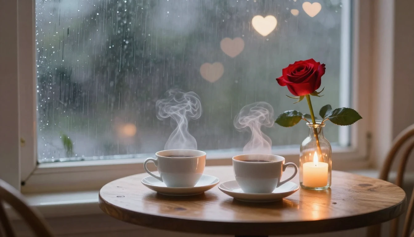 A romantic and cozy scene featuring a wooden table by a wind...