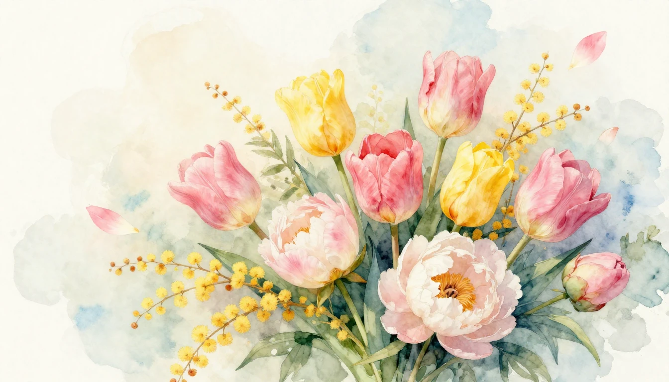A beautiful watercolor painting of a lush spring bouquet fea...