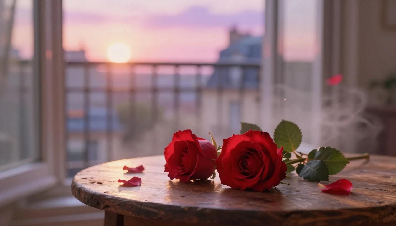 A dreamy and ethereal scene of two delicate red roses intert...