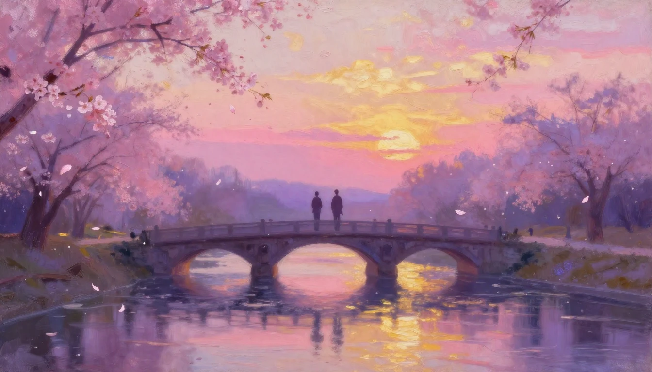 An impressionist painting of a dreamy and romantic scene. Tw...