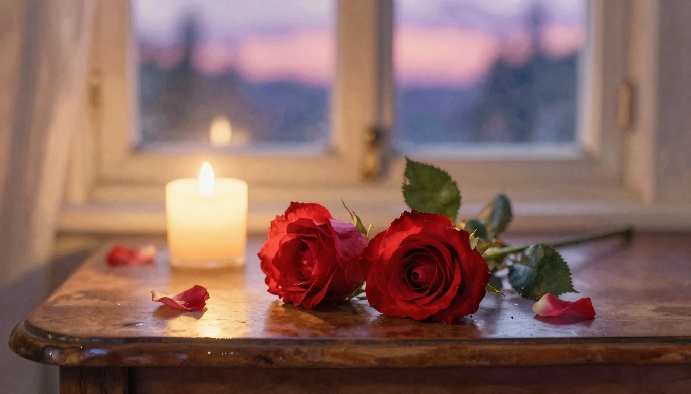 A dreamy and romantic scene featuring two delicate red roses...