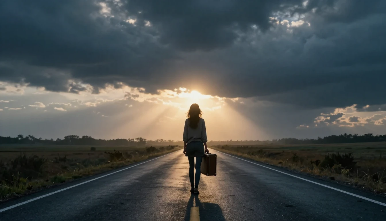 A cinematic wide shot of a lone woman standing at the end of...