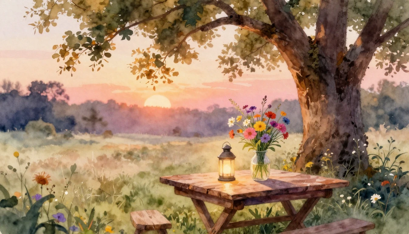 A beautiful watercolor painting of a cozy outdoor garden set...