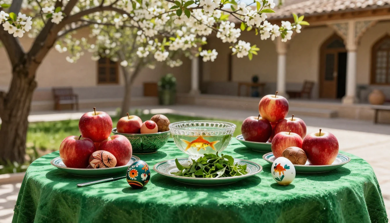 A lush Haft-Sin table arrangement set in a sunlit traditiona...