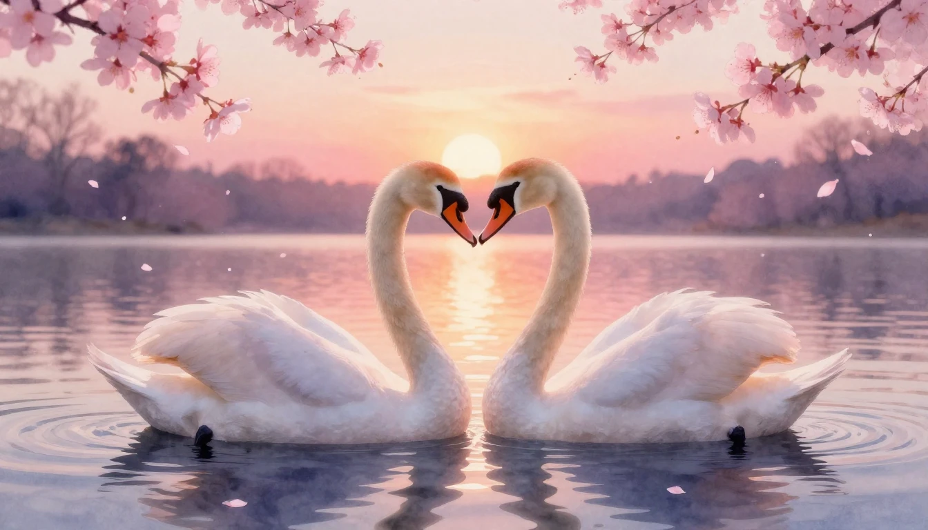 A soft watercolor painting of two elegant swans forming a he...