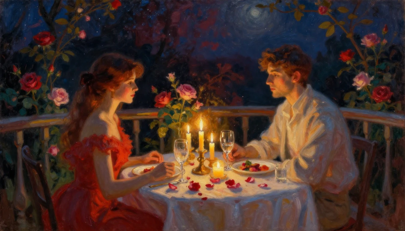 A beautiful impressionist oil painting of a candlelit dinner...