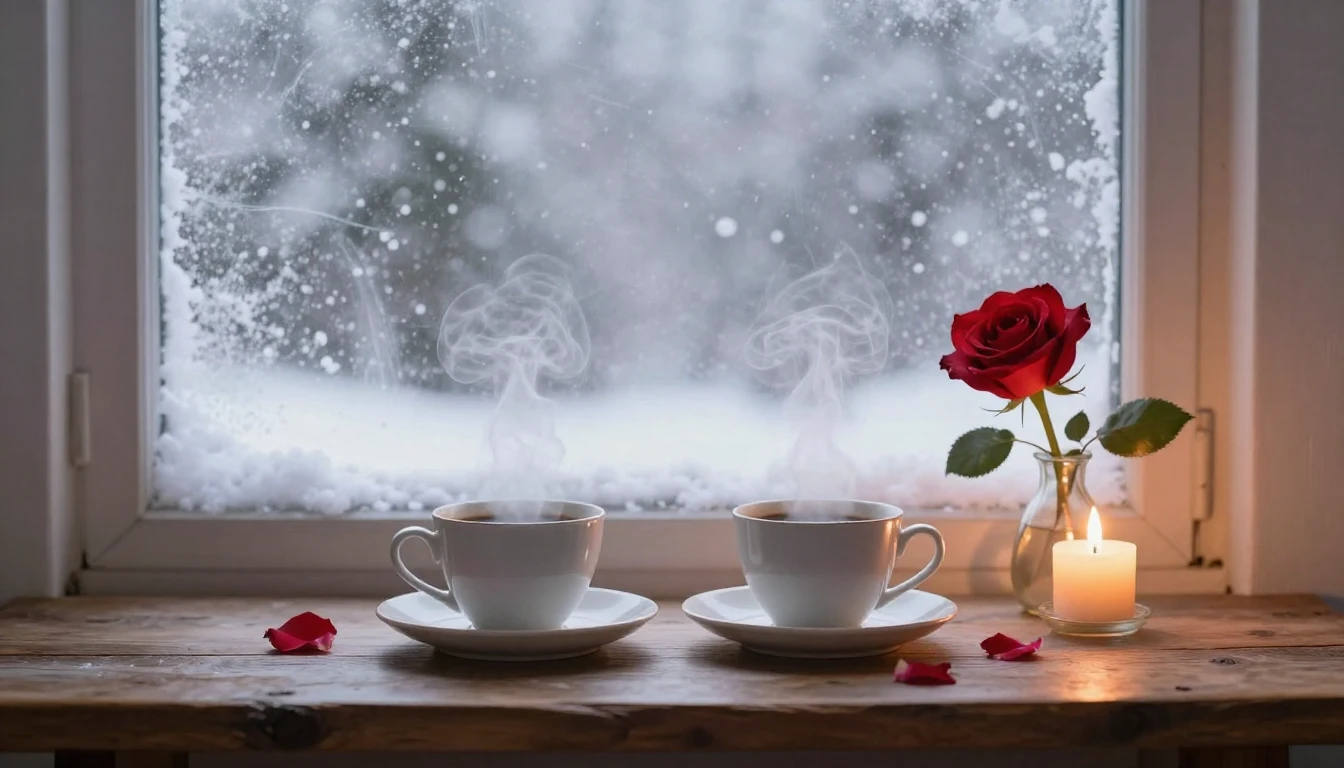 A romantic and cozy scene next to a frosted window with a vi...