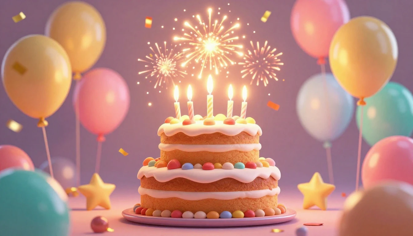 A vibrant and festive birthday celebration scene in a cute 3...