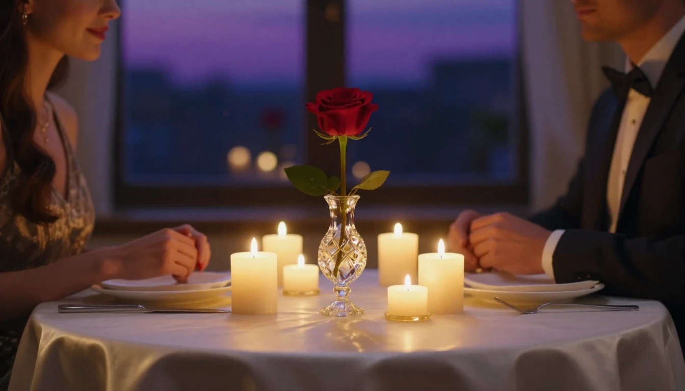 A high-quality cinematic scene of a romantic dinner table se...