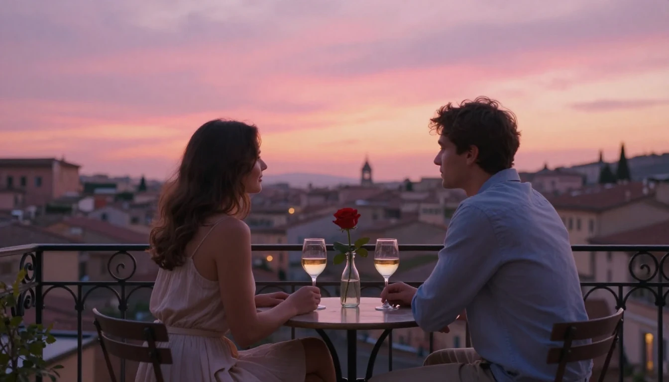 A romantic and dreamy scene depicting a couple sitting on a ...