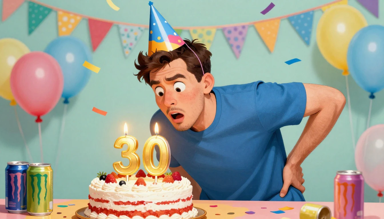 A humorous illustration of a 30-year-old man looking shocked...