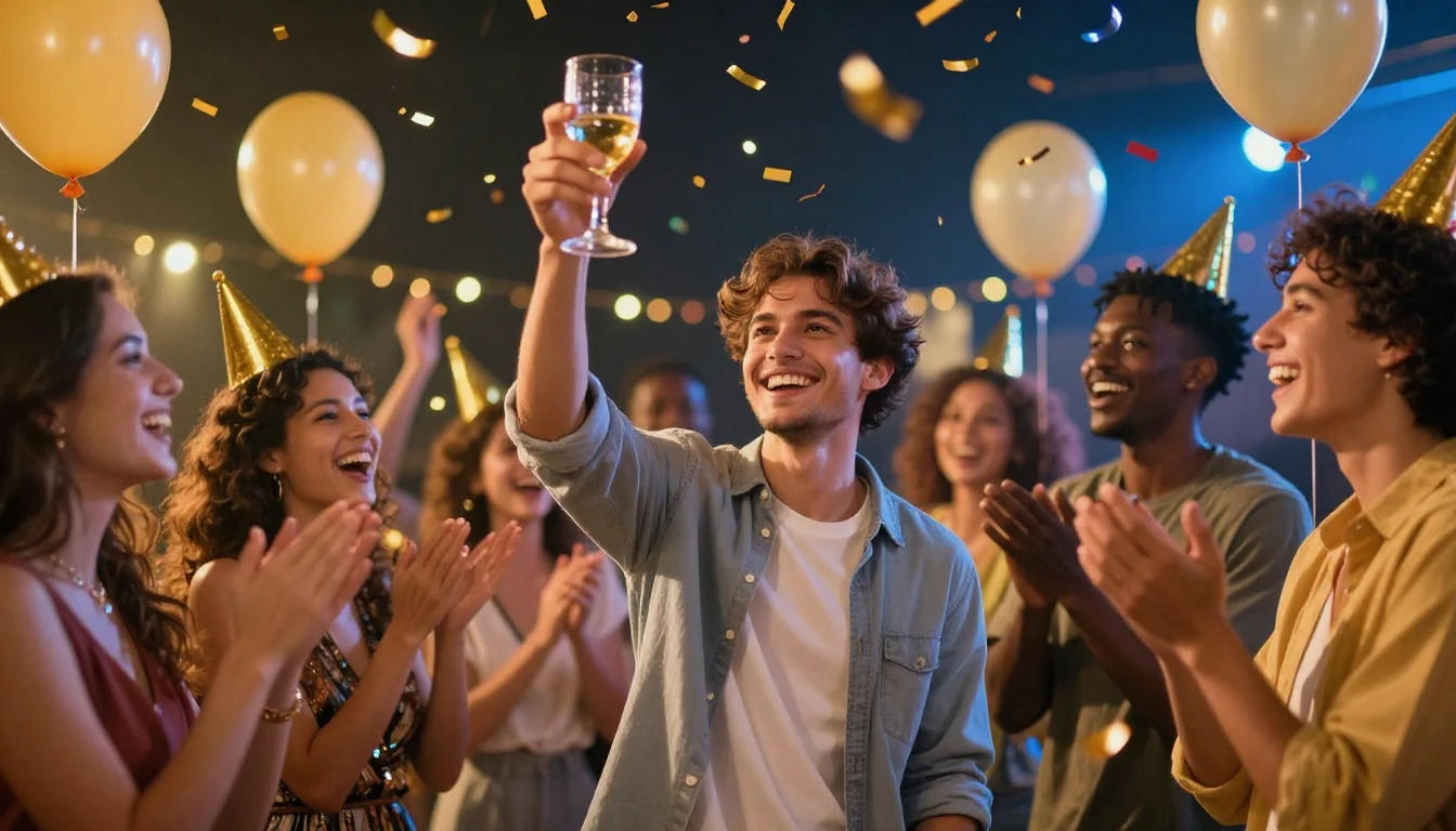 A vibrant and festive scene depicting a birthday celebration...