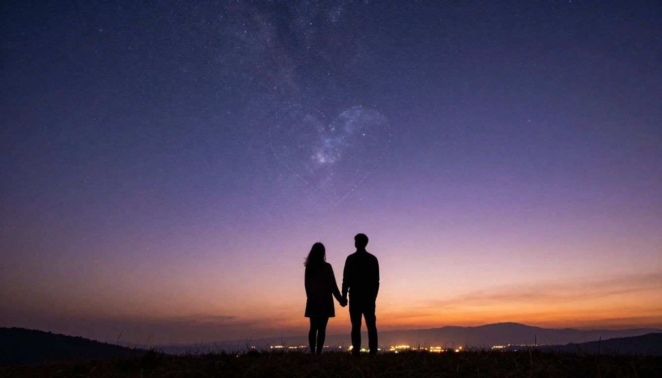 A cinematic wide shot of a silhouette of a couple holding ha...