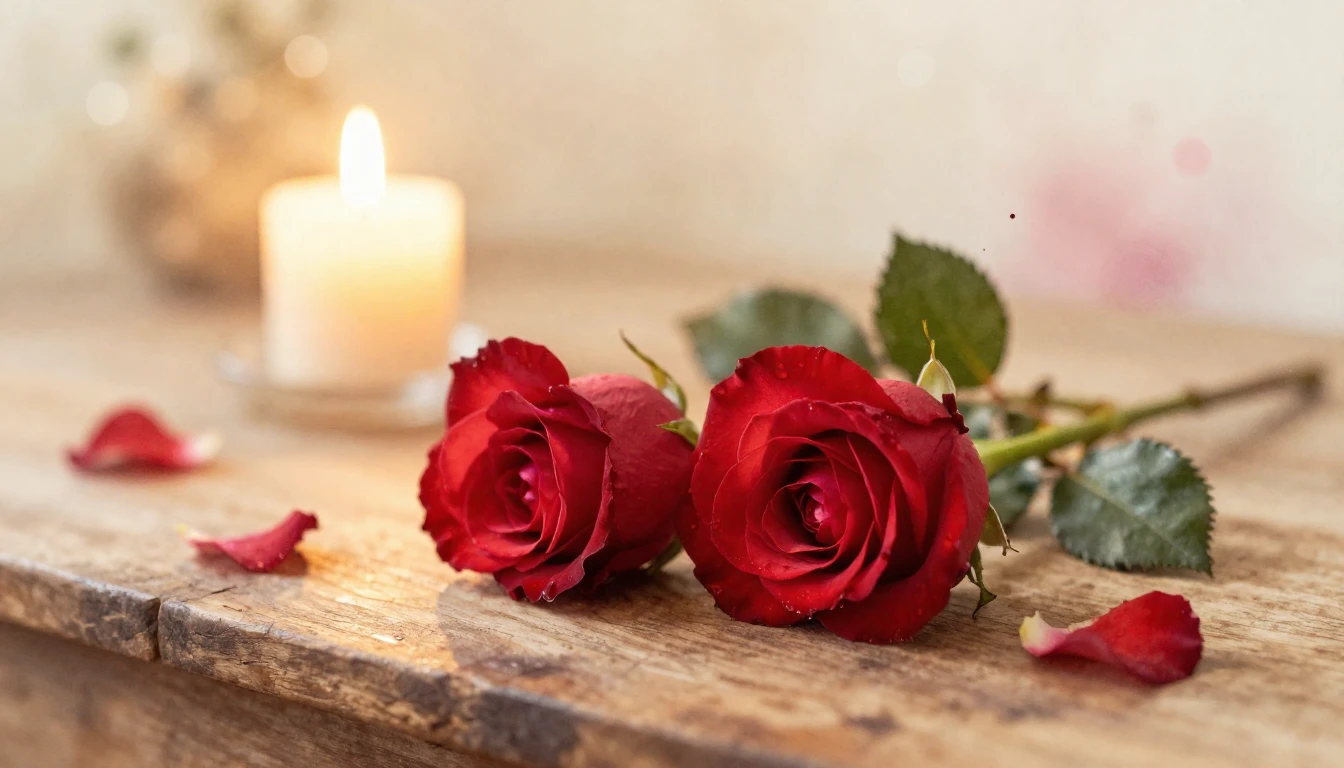 A dreamlike watercolor painting of two delicate red roses in...