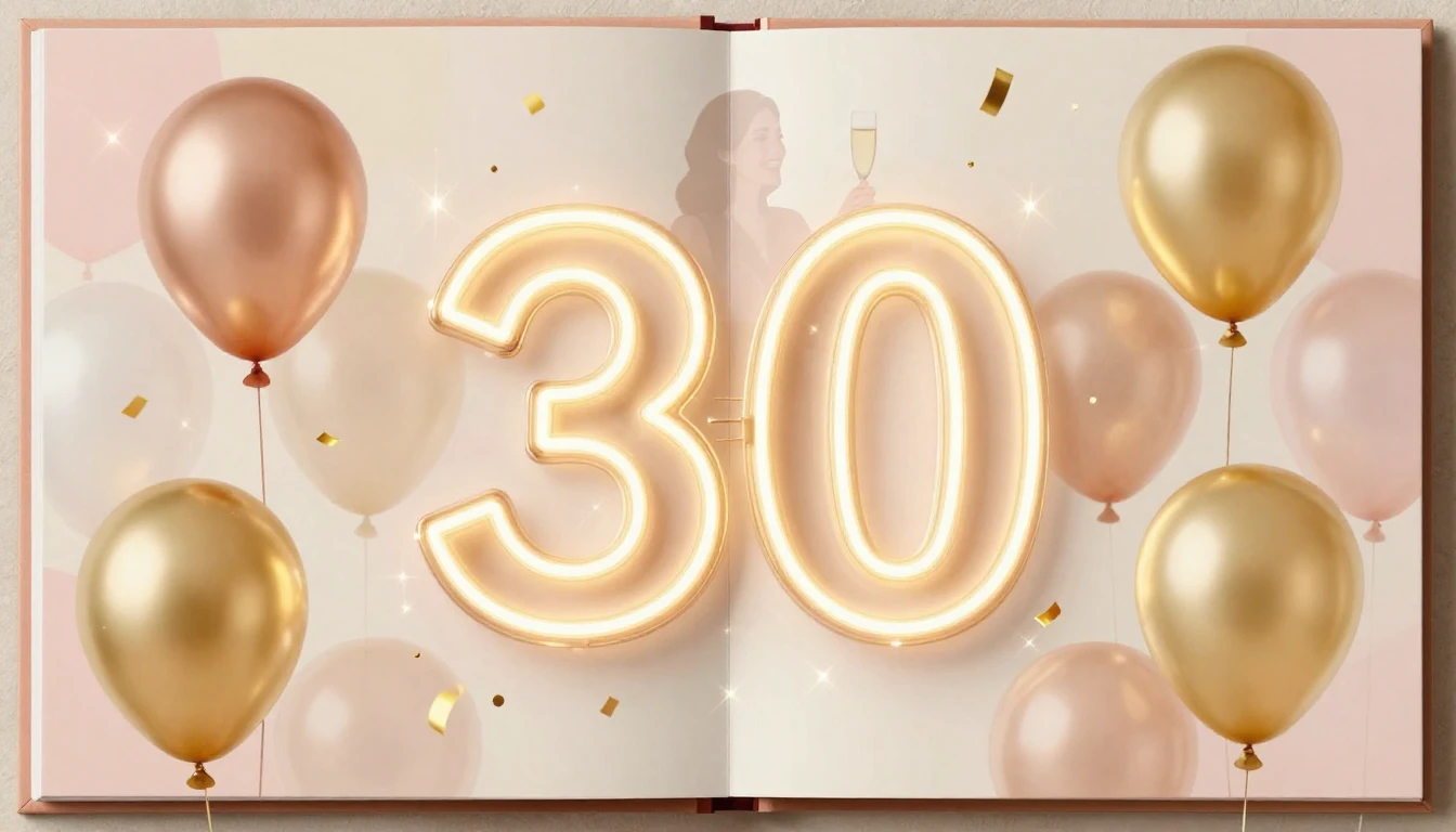 A festive and elegant birthday album cover design for a 30th...