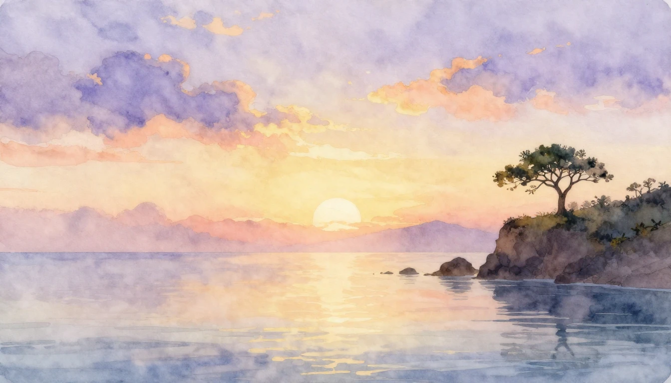 A beautiful watercolor painting of a sunrise over a calm oce...