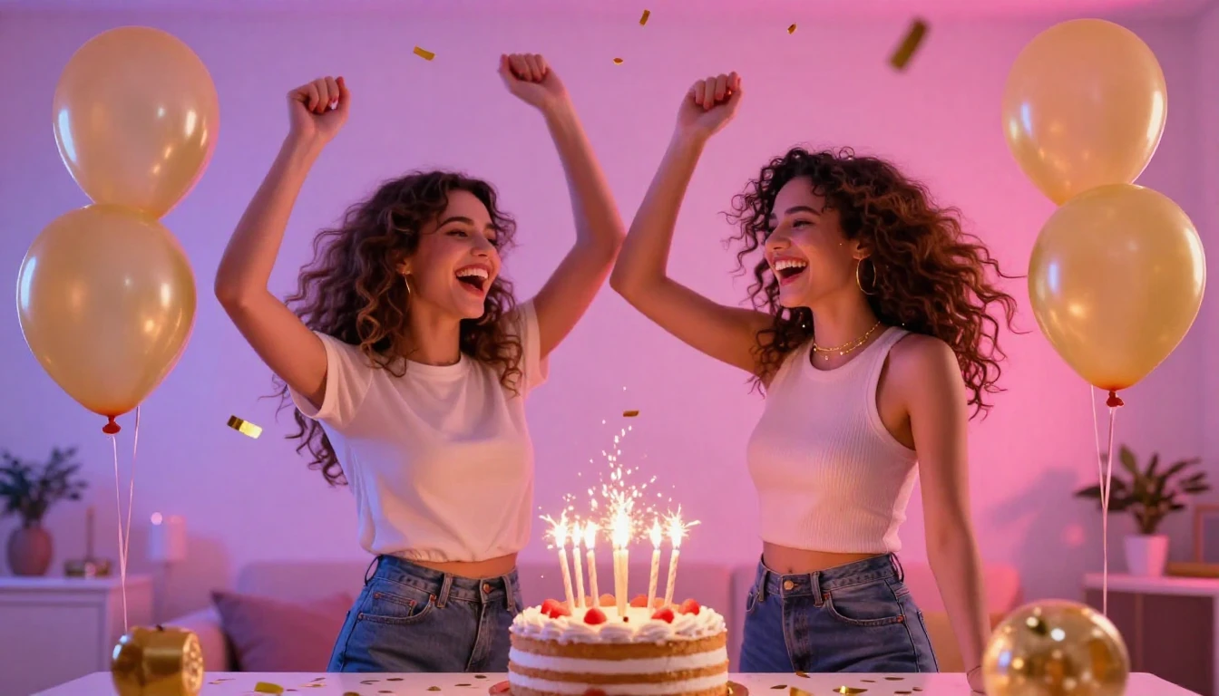 A vibrant and celebratory scene featuring two young women la...
