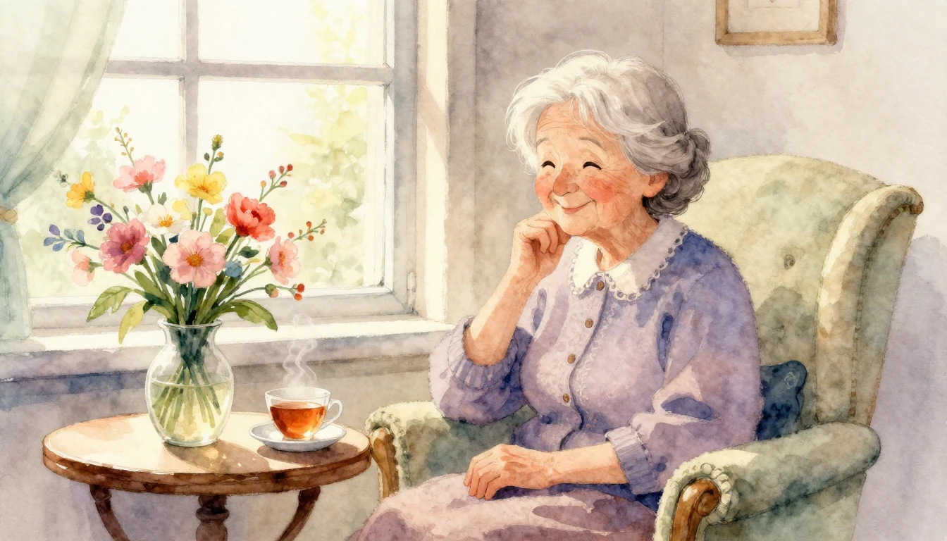A heartwarming watercolor painting of a gentle elderly woman...
